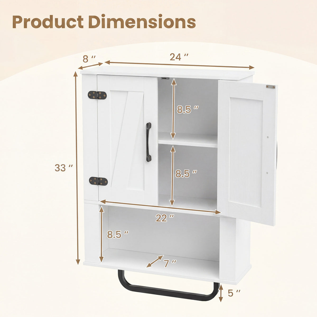 Bathroom Wall Cabinet with 2 Barn Doors, Towel Bar & Open Compartment - White