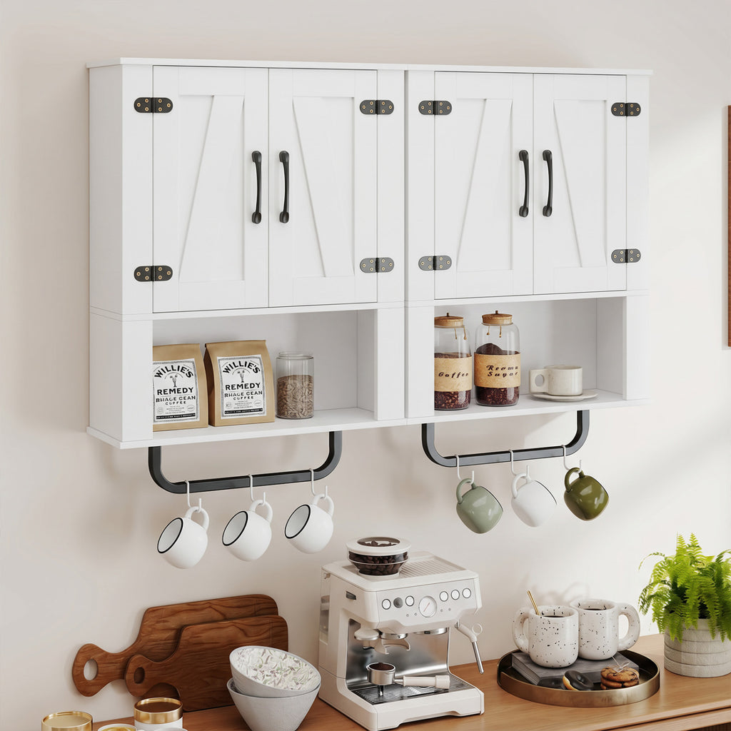 Bathroom Wall Cabinet with 2 Barn Doors, Towel Bar & Open Compartment - White