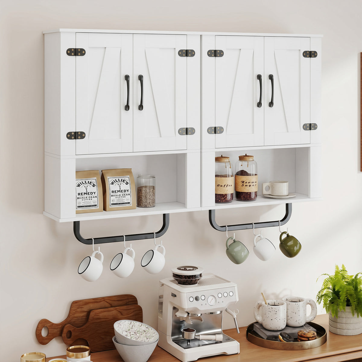 Bathroom Wall Cabinet with 2 Barn Doors, Towel Bar & Open Compartment - White