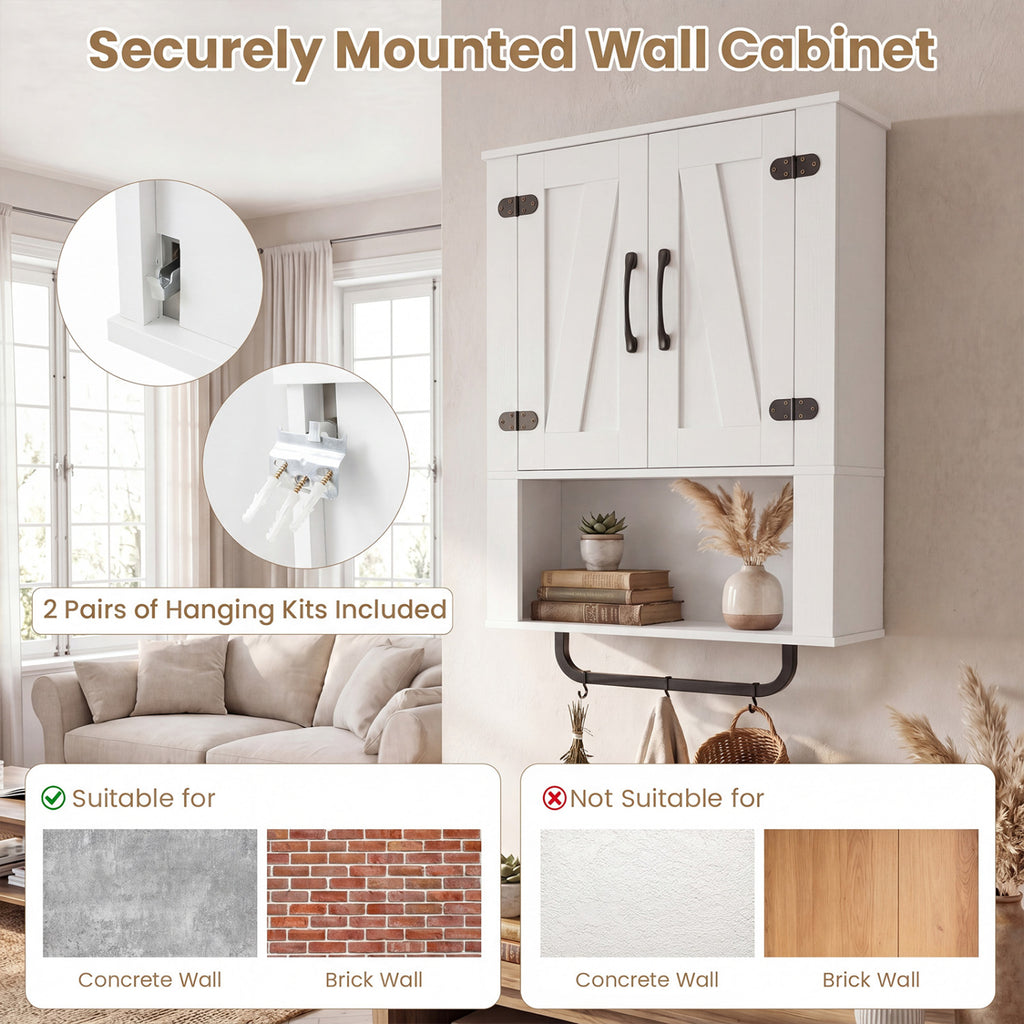 Bathroom Wall Cabinet with 2 Barn Doors, Towel Bar & Open Compartment - White