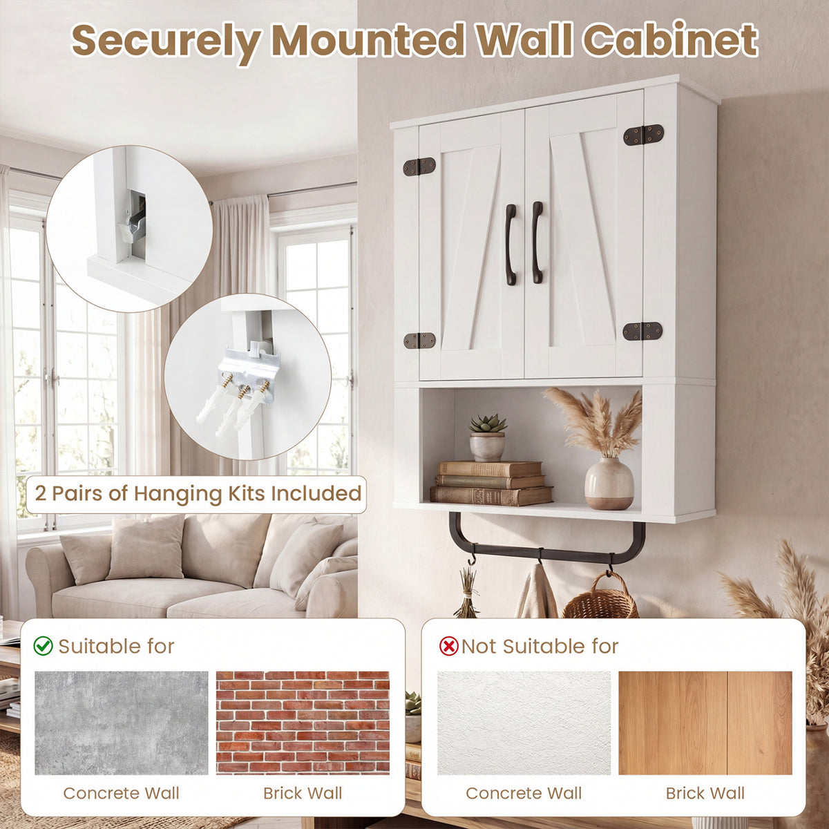 Bathroom Wall Cabinet with 2 Barn Doors, Towel Bar & Open Compartment - White