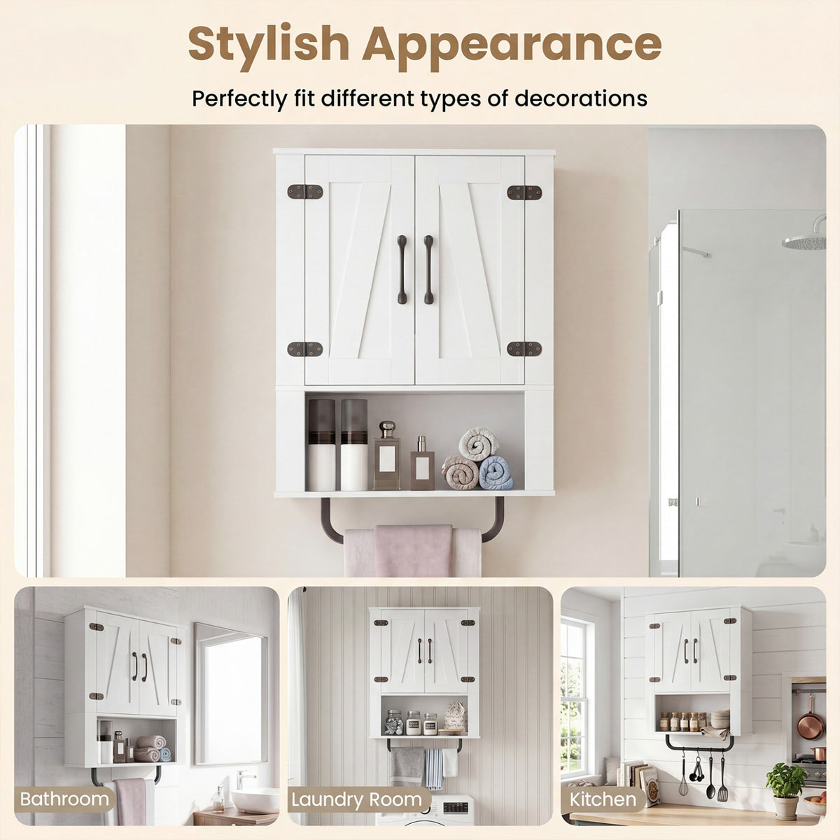 Bathroom Wall Cabinet with 2 Barn Doors, Towel Bar & Open Compartment - White