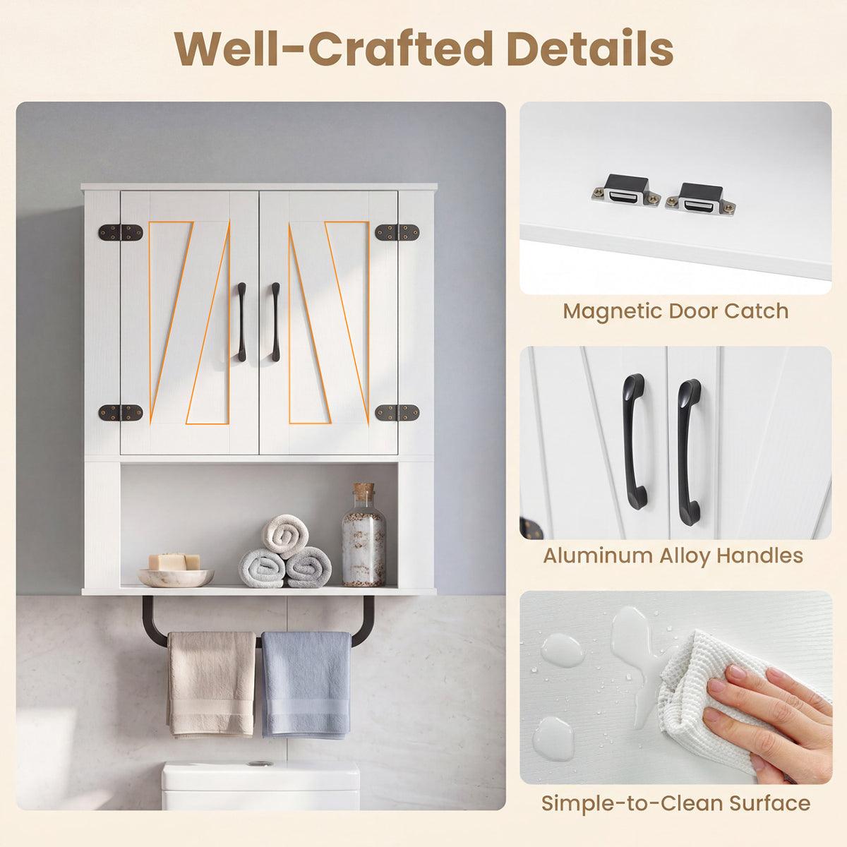 Bathroom Wall Cabinet with 2 Barn Doors, Towel Bar & Open Compartment - White
