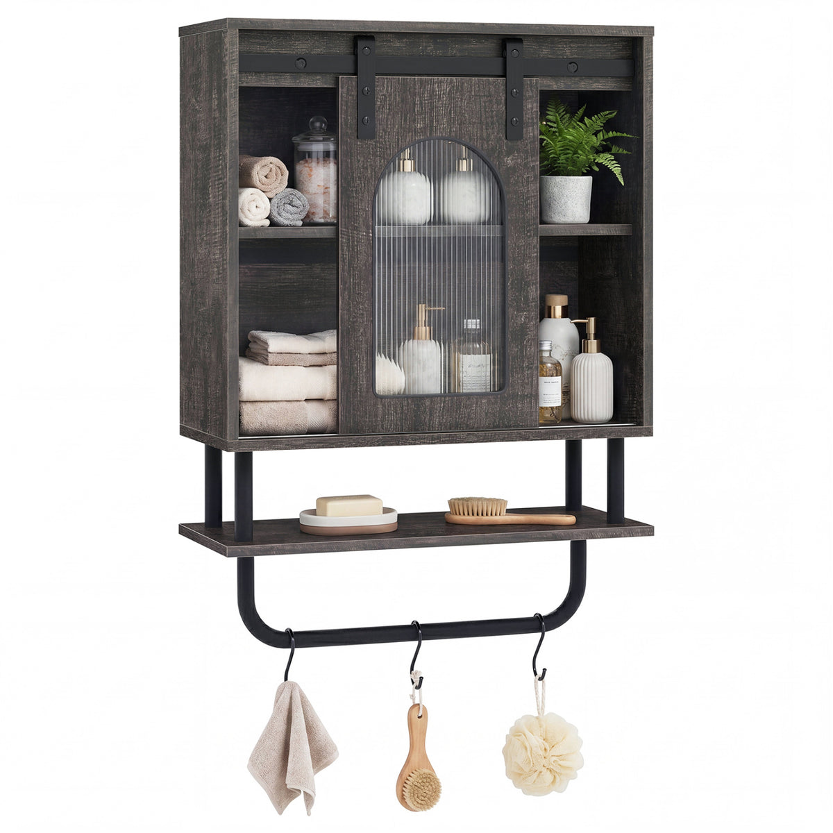 Bathroom Wall Cabinet with Sliding Barn Door and Metal Hanging Bar 3