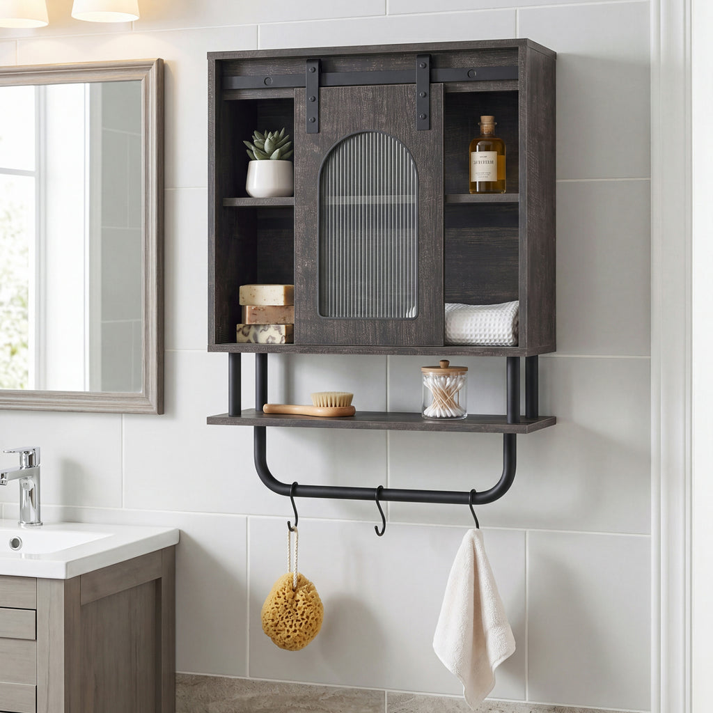 Bathroom Wall Cabinet with Sliding Barn Door and Metal Hanging Bar 3