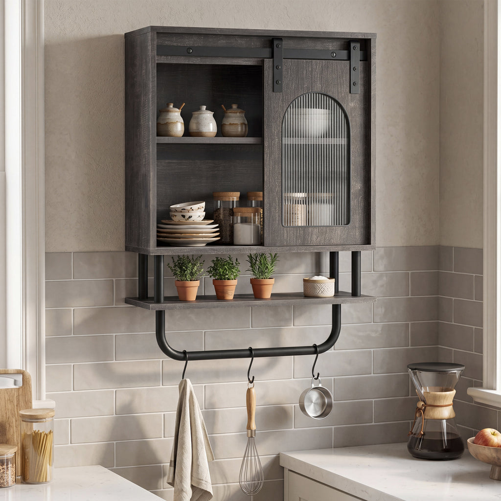 Bathroom Wall Cabinet with Sliding Barn Door and Metal Hanging Bar 3