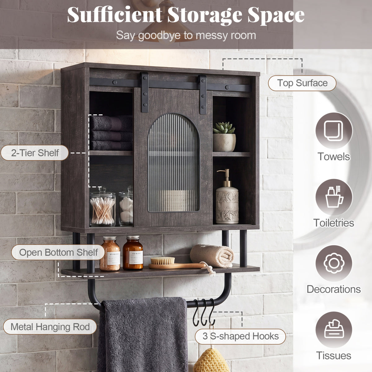 Bathroom Wall Cabinet with Sliding Barn Door and Metal Hanging Bar 3