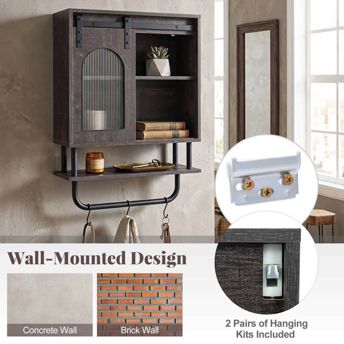 Bathroom Wall Cabinet with Sliding Barn Door and Metal Hanging Bar 3