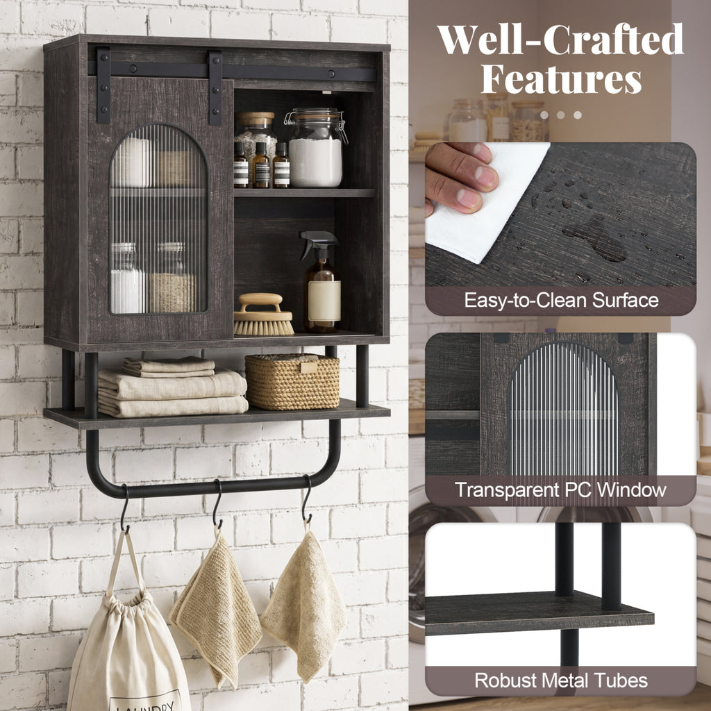 Bathroom Wall Cabinet with Sliding Barn Door and Metal Hanging Bar 3