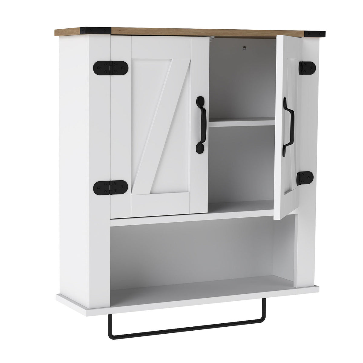 Farmhouse Bathroom Wall Cabinet with Towel Bar - White