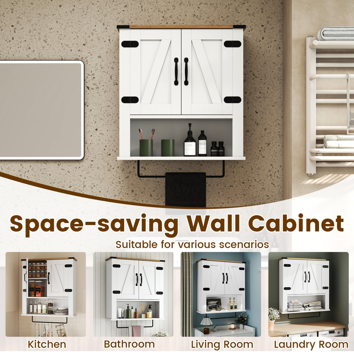 Farmhouse Bathroom Wall Cabinet with Towel Bar - White