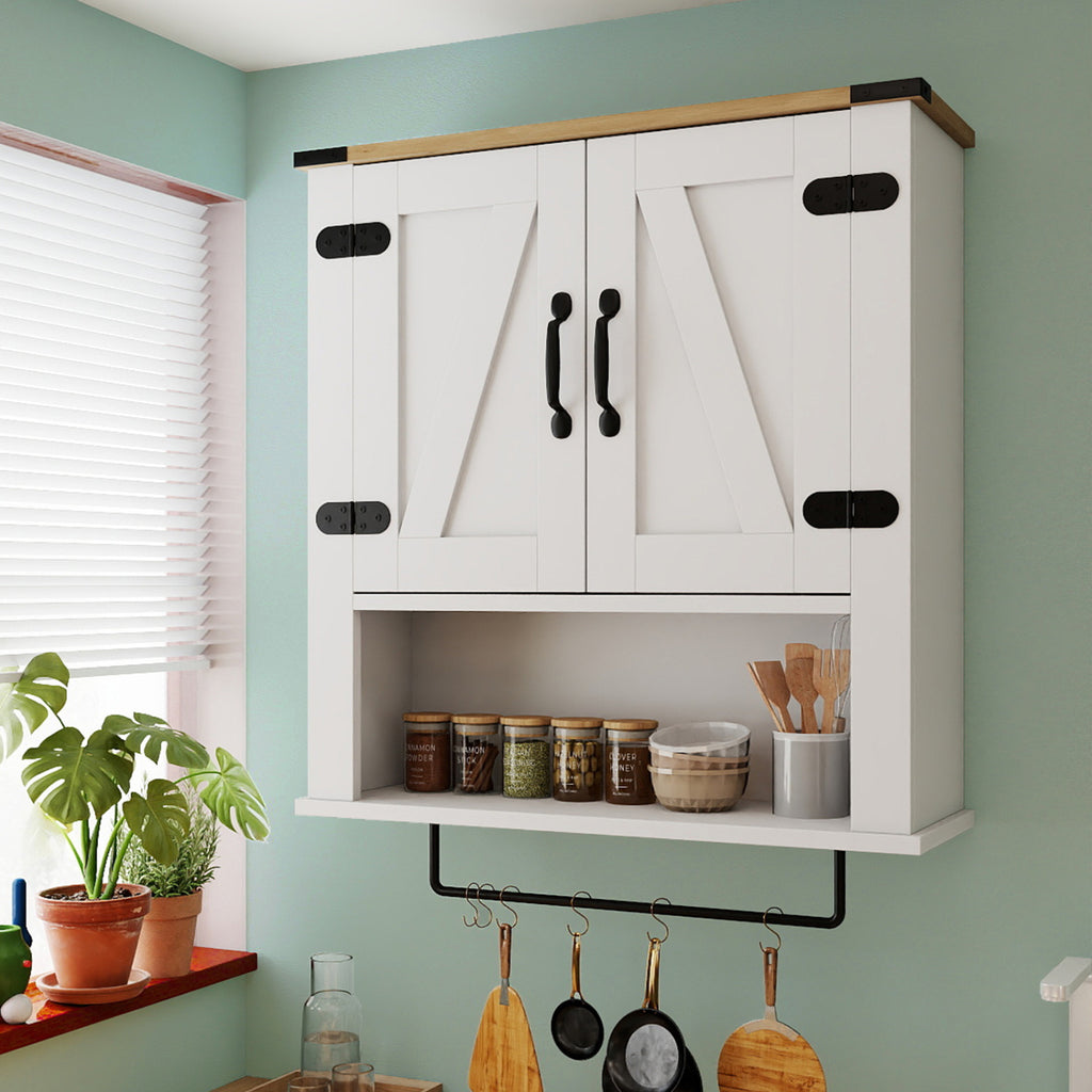Farmhouse Bathroom Wall Cabinet with Towel Bar - White