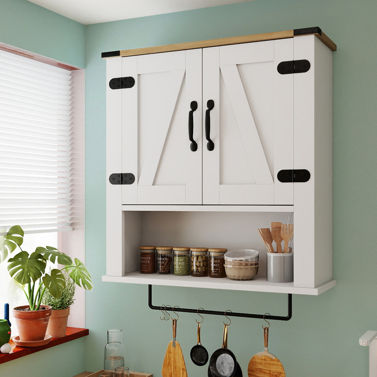 Farmhouse Bathroom Wall Cabinet with Towel Bar - White