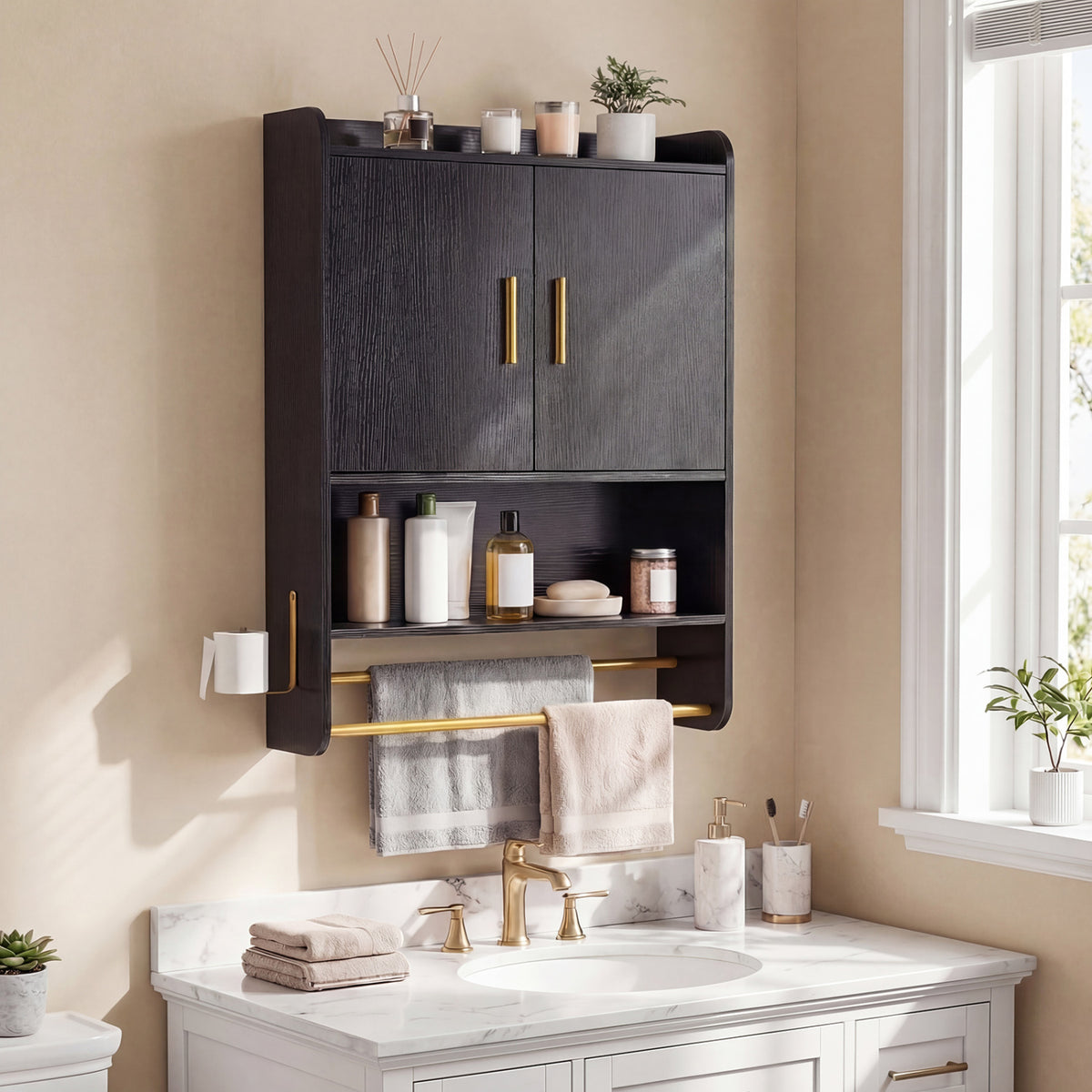 Wall Mounted Medicine Cabinet with 2-Tier Towel Bar - Black