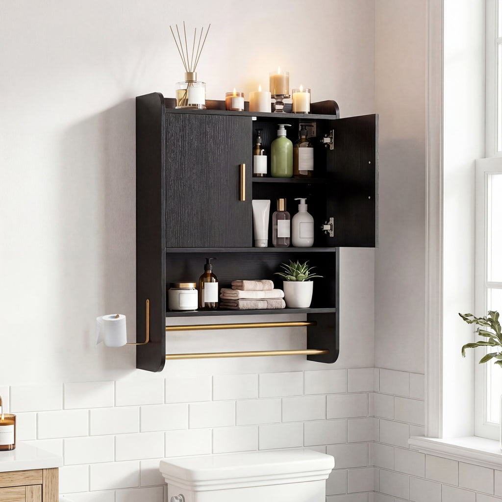 Wall Mounted Medicine Cabinet with 2-Tier Towel Bar - Black