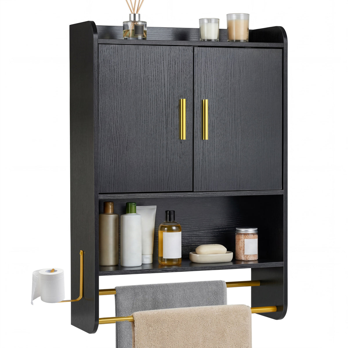 Wall Mounted Medicine Cabinet with 2-Tier Towel Bar - Black