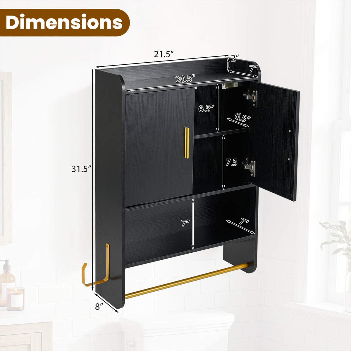 Wall Mounted Medicine Cabinet with 2-Tier Towel Bar - Black