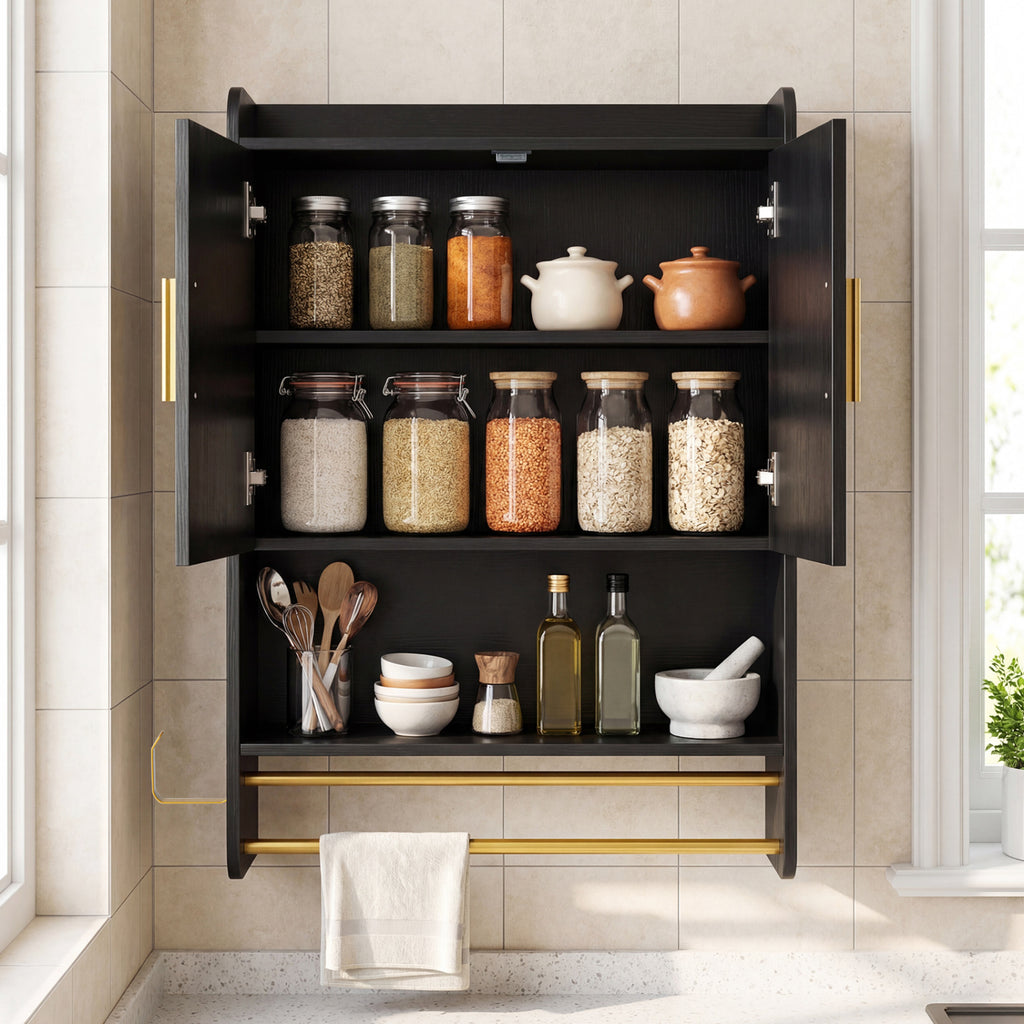 Wall Mounted Medicine Cabinet with 2-Tier Towel Bar - Black