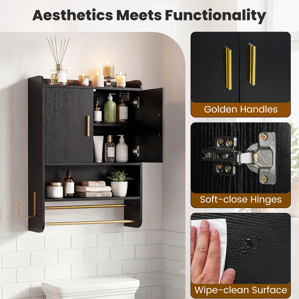 Wall Mounted Medicine Cabinet with 2-Tier Towel Bar - Black