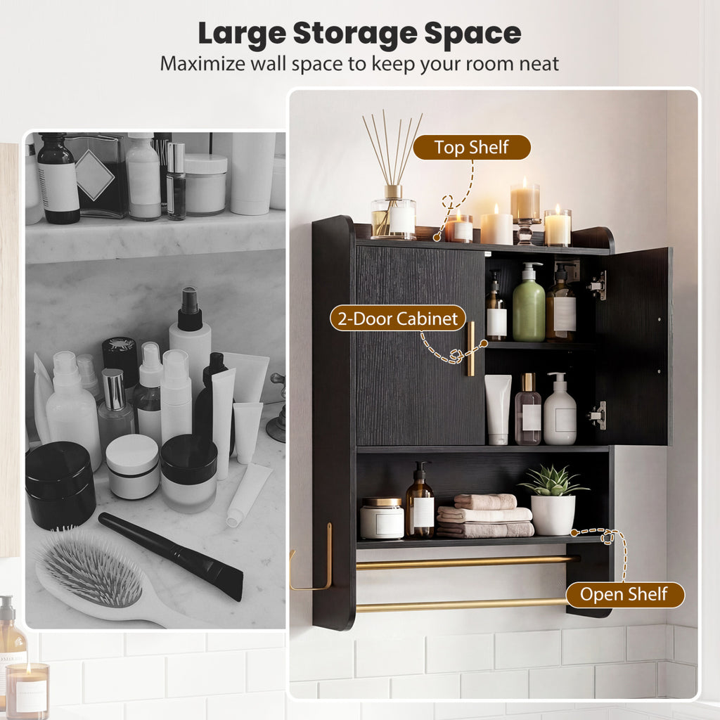 Wall Mounted Medicine Cabinet with 2-Tier Towel Bar - Black