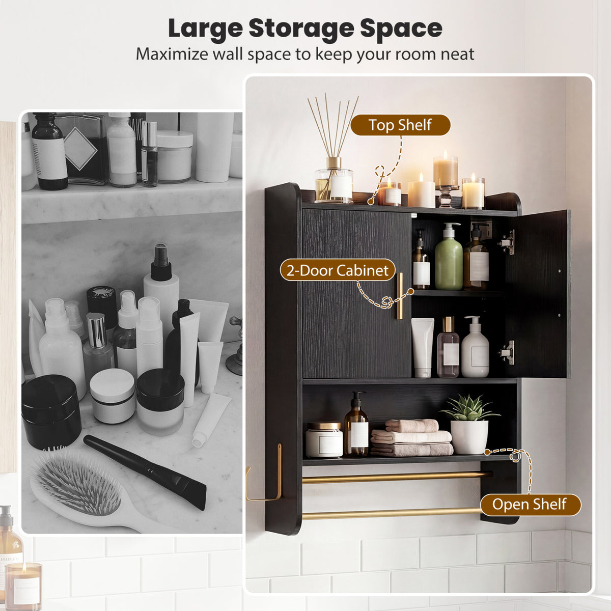 Wall Mounted Medicine Cabinet with 2-Tier Towel Bar - Black