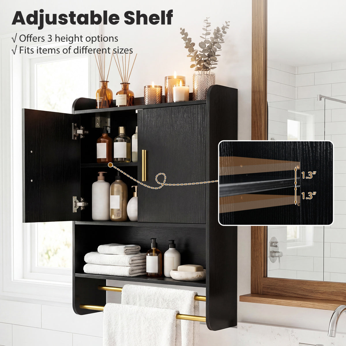 Wall Mounted Medicine Cabinet with 2-Tier Towel Bar - Black