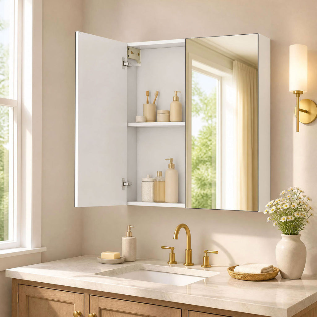 Mirrored Bathroom Wall Cabinet with 2 Doors - White