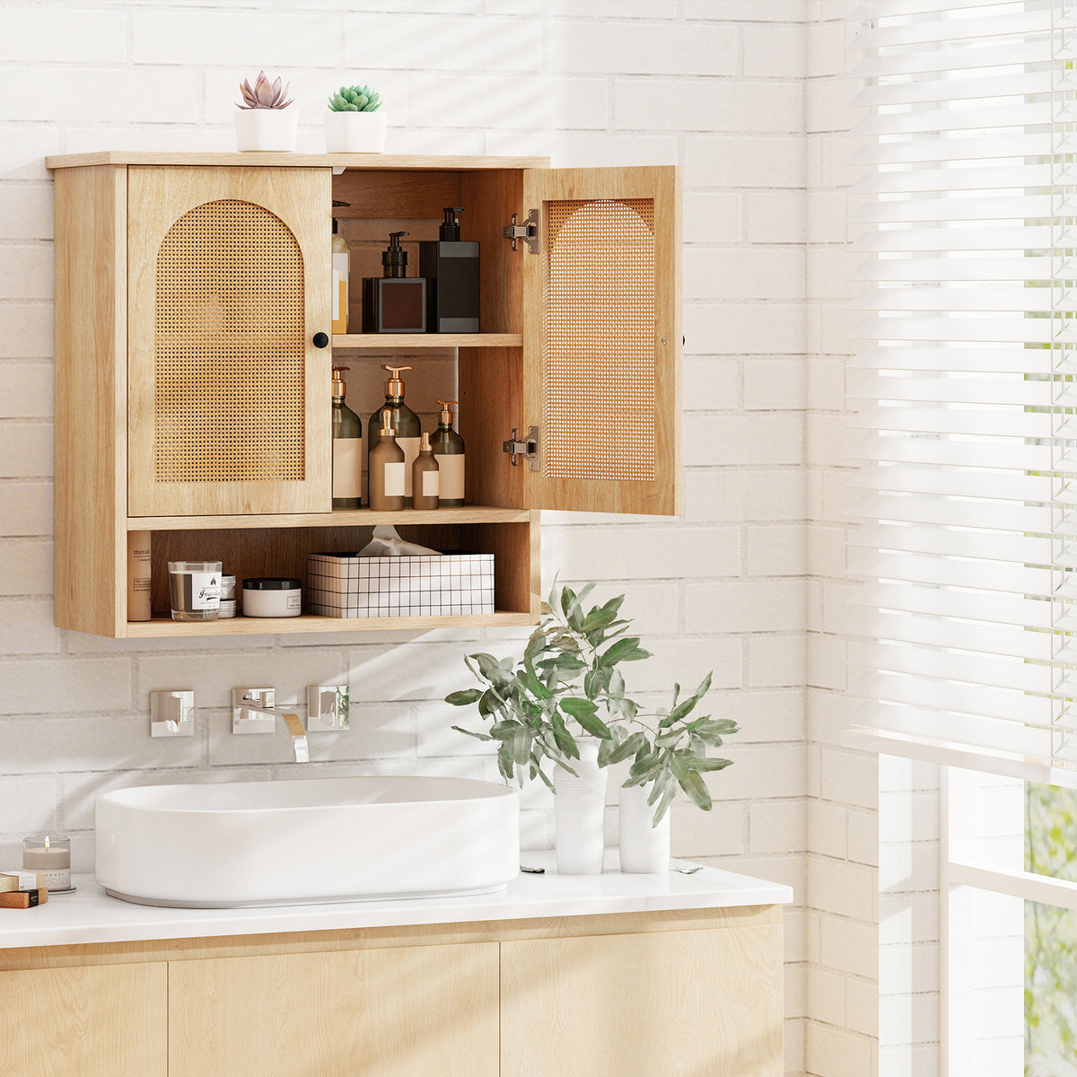 Bathroom Wall Cabinet with PE Rattan Doors and Adjustable Shelves