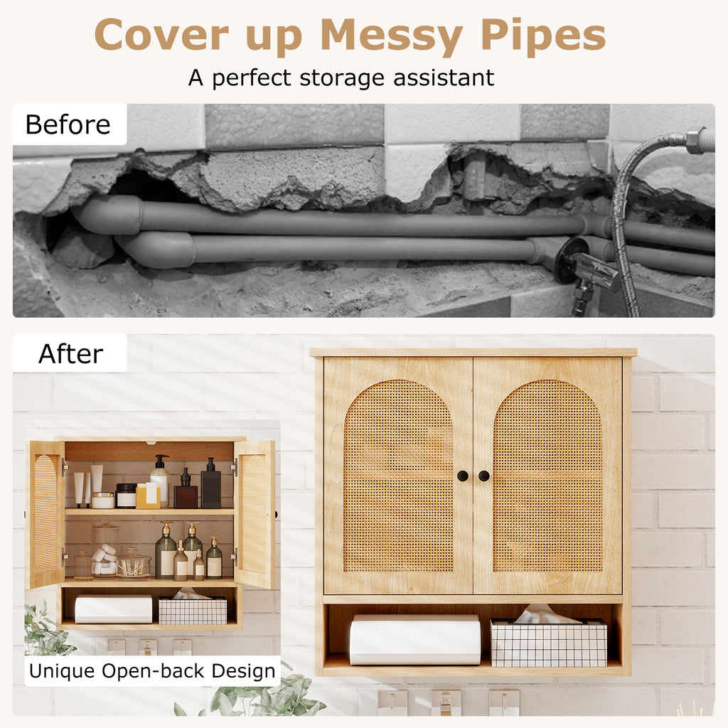 Bathroom Wall Cabinet with PE Rattan Doors and Adjustable Shelves