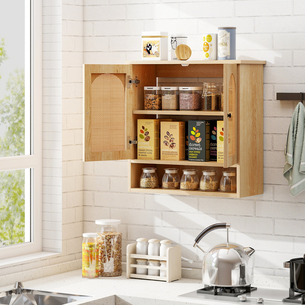 Bathroom Wall Cabinet with PE Rattan Doors and Adjustable Shelves