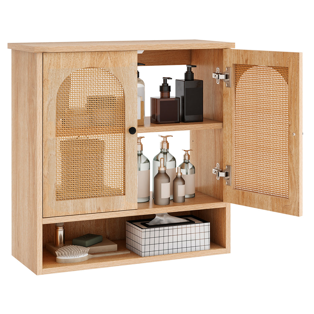 Bathroom Wall Cabinet with PE Rattan Doors and Adjustable Shelves