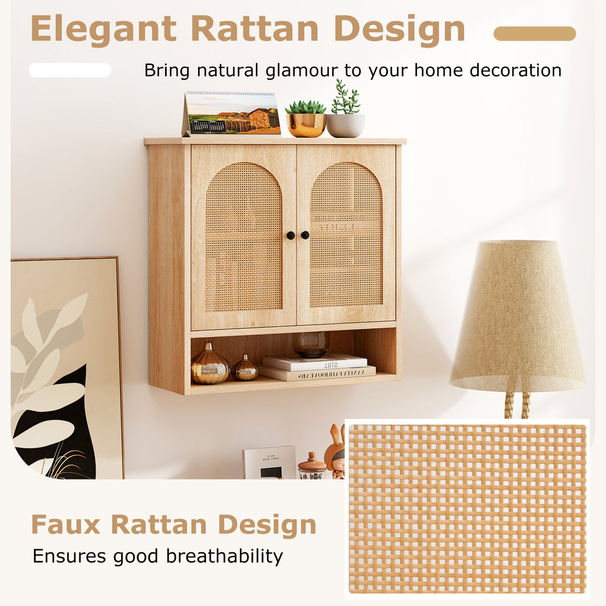 Bathroom Wall Cabinet with PE Rattan Doors and Adjustable Shelves