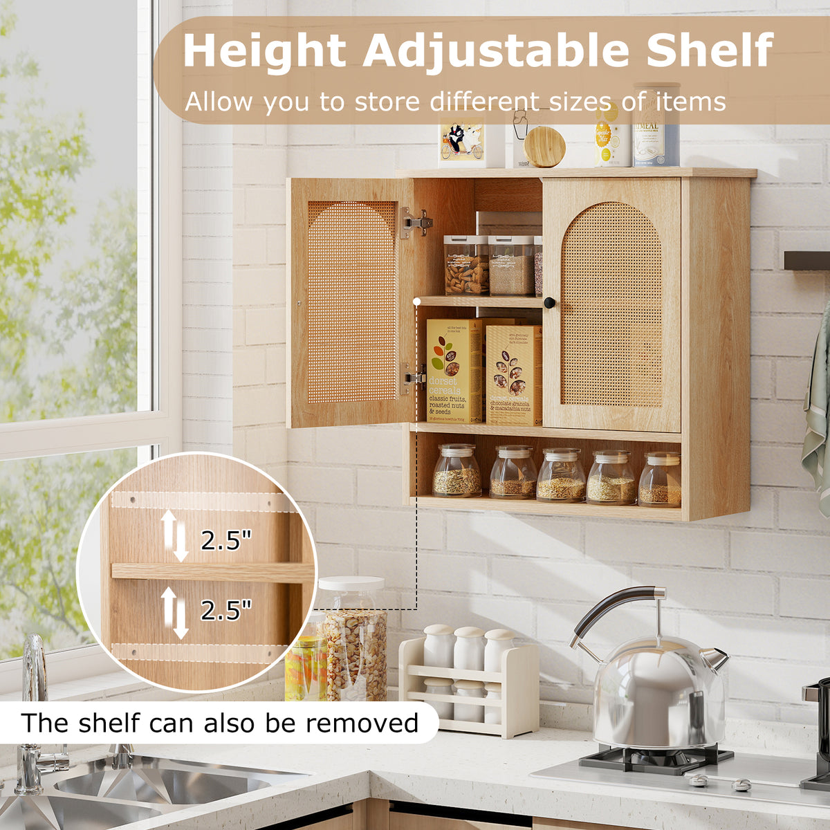Bathroom Wall Cabinet with PE Rattan Doors and Adjustable Shelves