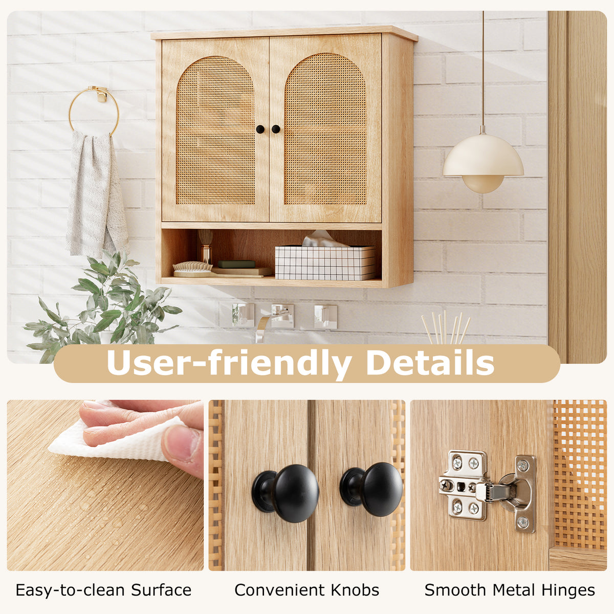 Bathroom Wall Cabinet with PE Rattan Doors and Adjustable Shelves