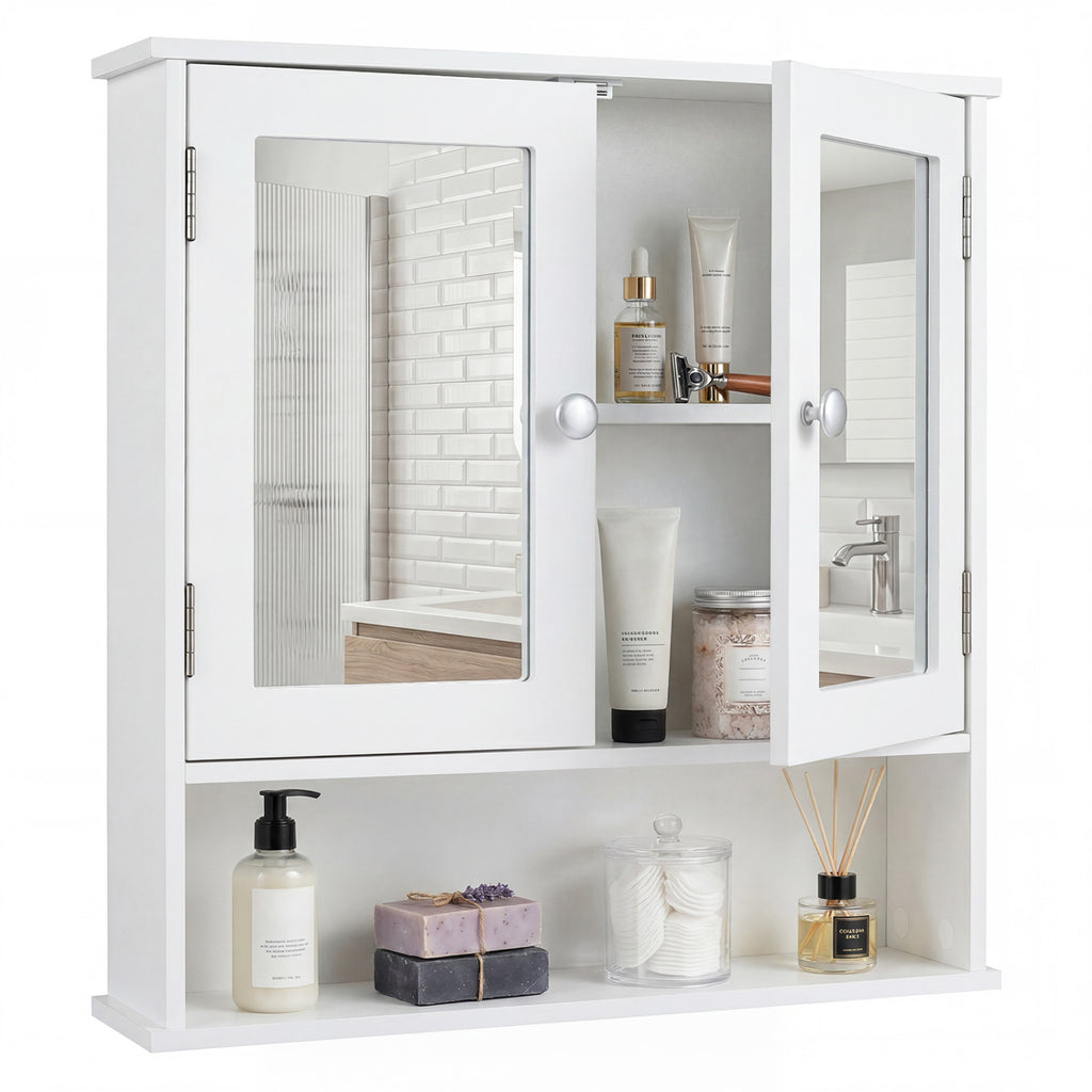Wall-Mounted Bathroom Mirror Cabinet with Double Doors, White