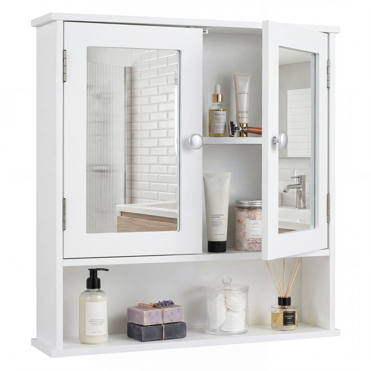Wall-Mounted Bathroom Mirror Cabinet with Double Doors, White