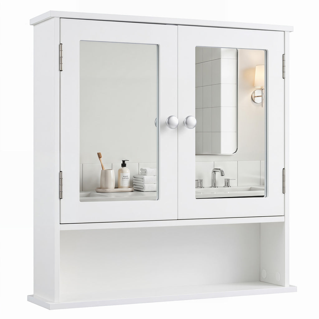 Wall-Mounted Bathroom Mirror Cabinet with Double Doors, White