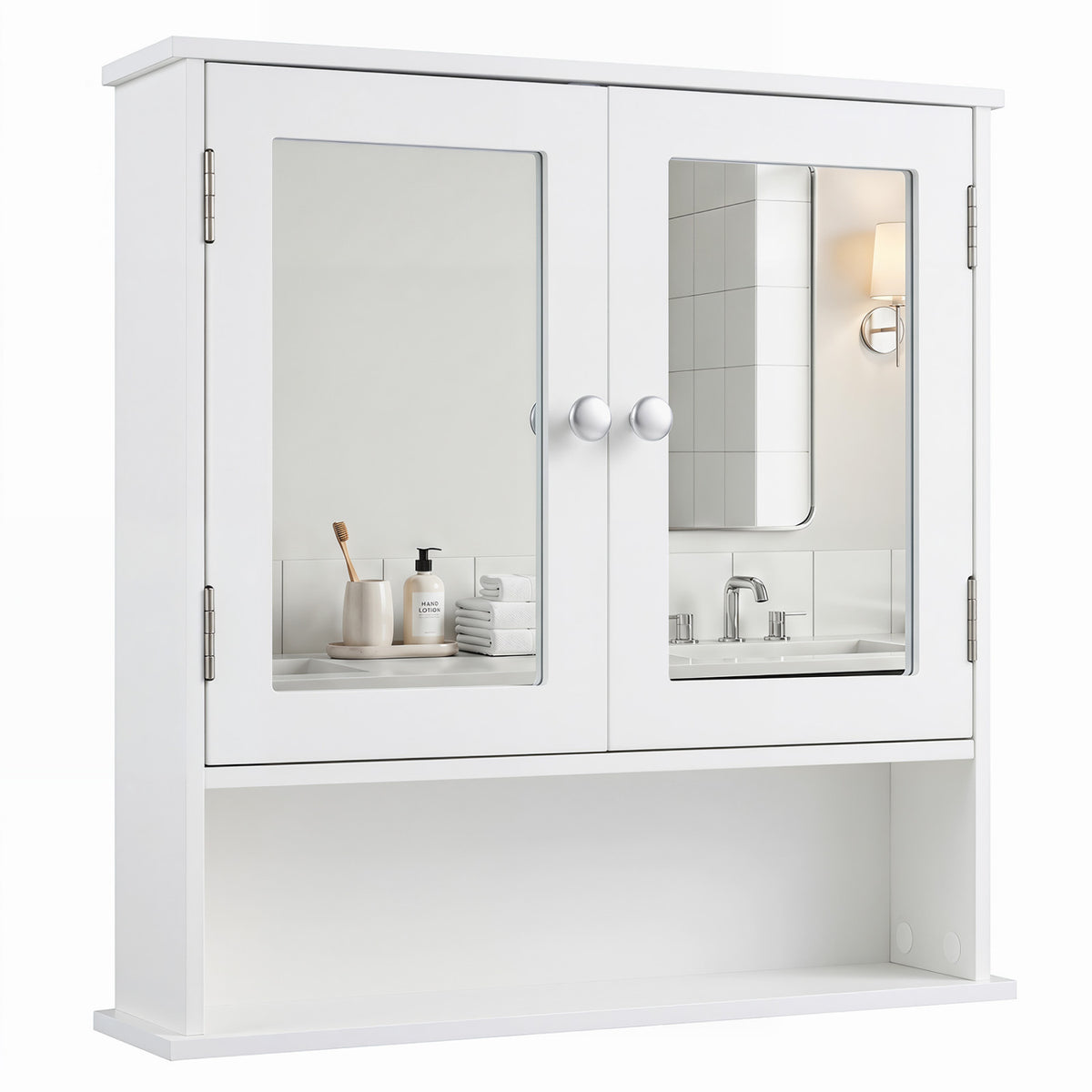 Wall-Mounted Bathroom Mirror Cabinet with Double Doors, White