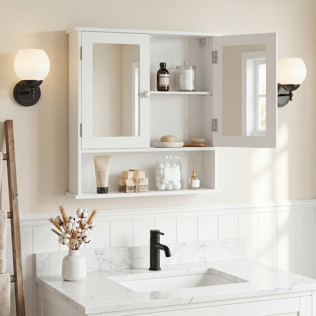 Wall-Mounted Bathroom Mirror Cabinet with Double Doors, White