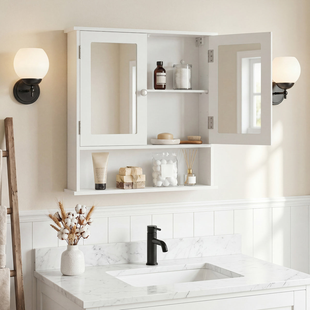 Wall-Mounted Bathroom Mirror Cabinet with Double Doors, White