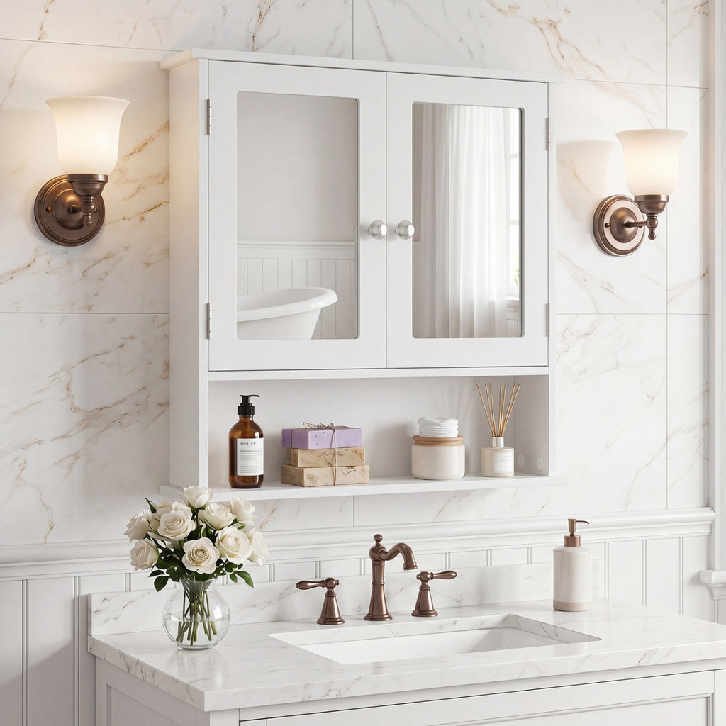 Wall-Mounted Bathroom Mirror Cabinet with Double Doors, White