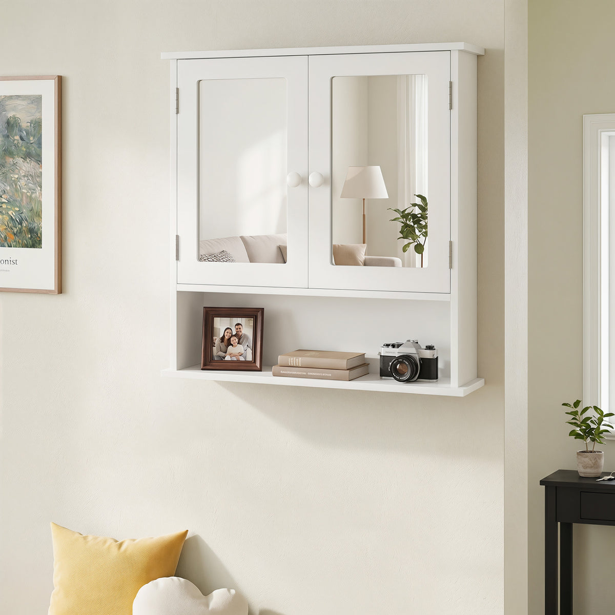 Wall-Mounted Bathroom Mirror Cabinet with Double Doors, White