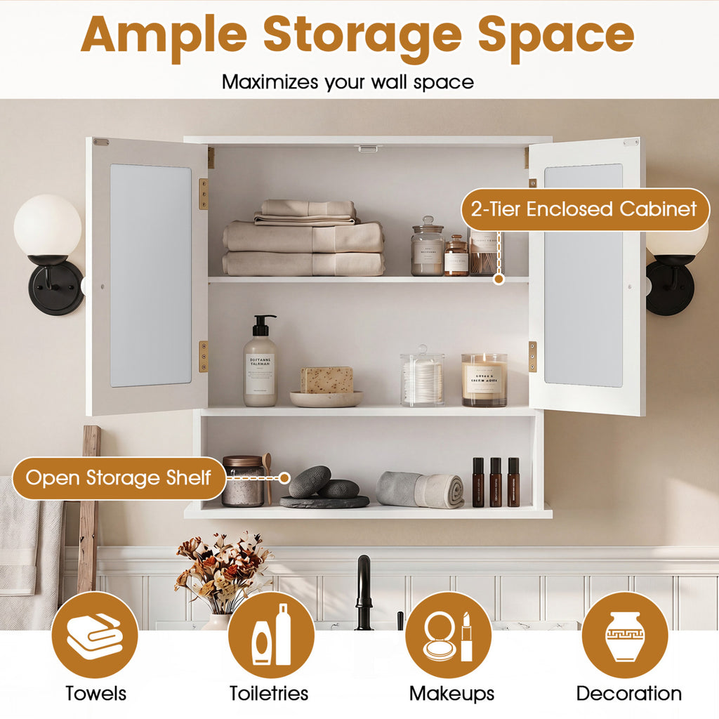 Wall-Mounted Bathroom Mirror Cabinet with Double Doors, White