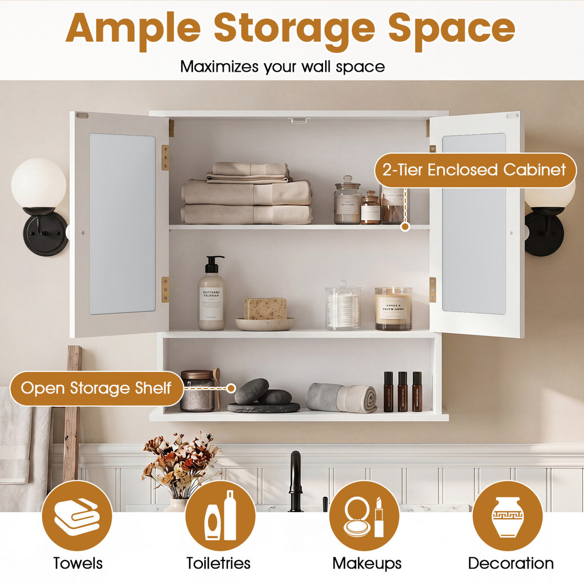 Wall-Mounted Bathroom Mirror Cabinet with Double Doors, White