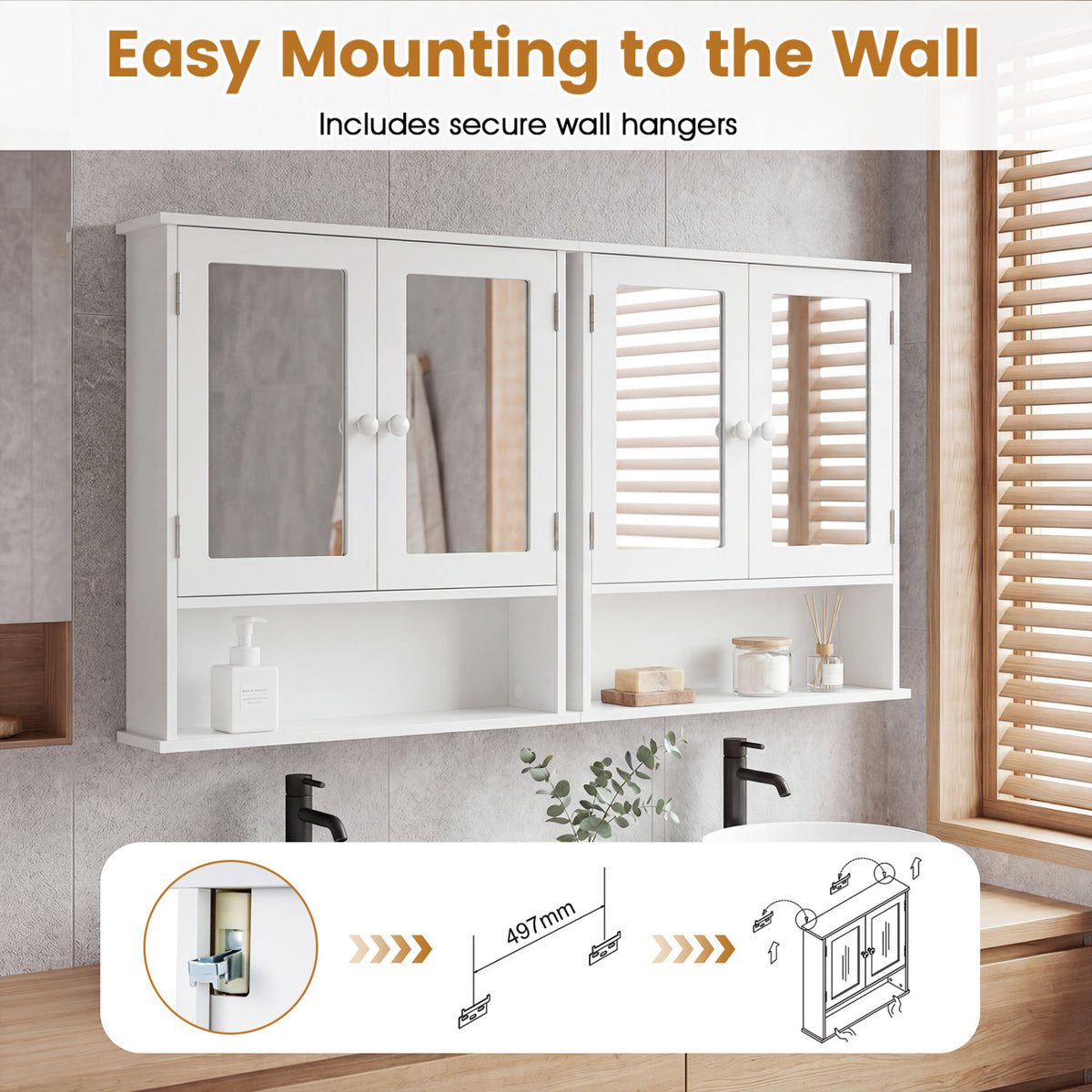 Wall-Mounted Bathroom Mirror Cabinet with Double Doors, White