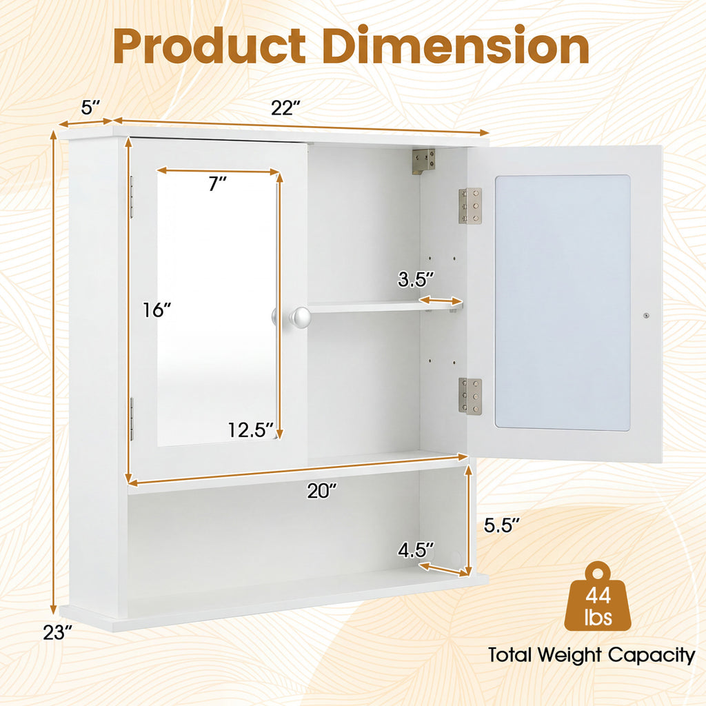 Wall-Mounted Bathroom Mirror Cabinet with Double Doors, White
