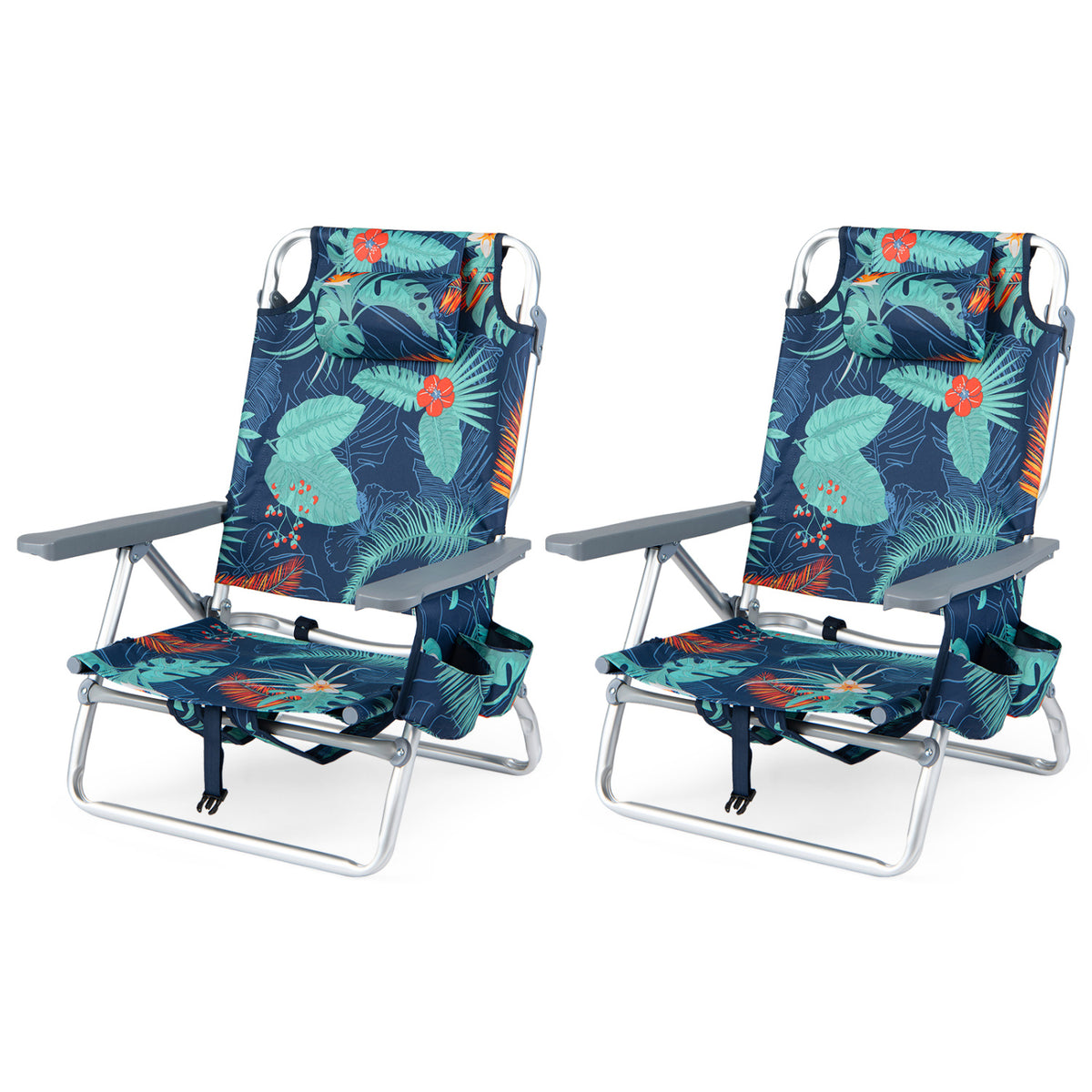 Folding Beach Chairs Set of 2 with 5-Position Backrest, Green