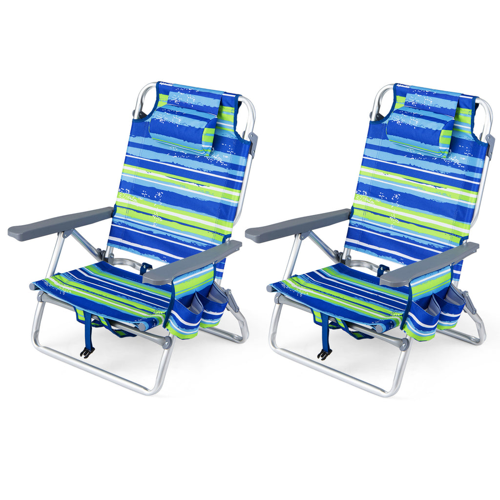 Folding Beach Chairs Set of 2 – 5-Position Recliners, Blue & Green