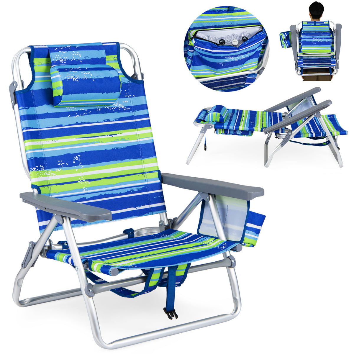 Folding Beach Chairs Set of 2 – 5-Position Recliners, Blue & Green
