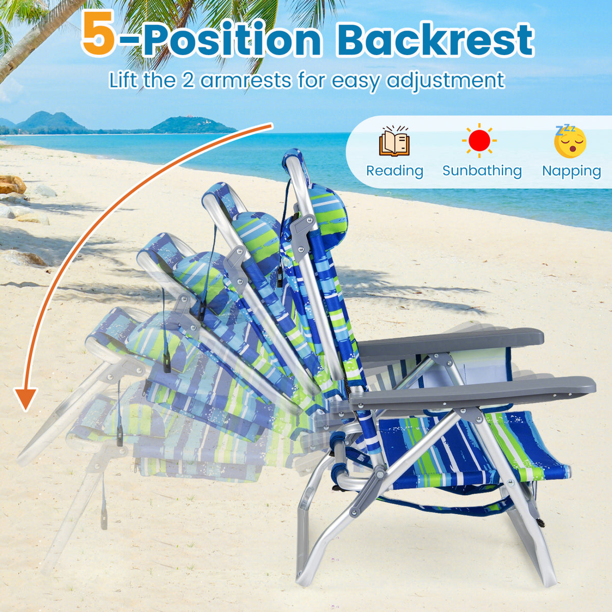 Folding Beach Chairs Set of 2 – 5-Position Recliners, Blue & Green